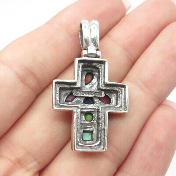 925 Sterling Silver Vintage Lapis Lazuli Coral & Turquoise Gem Cross Pendant - Picture 2 of 8